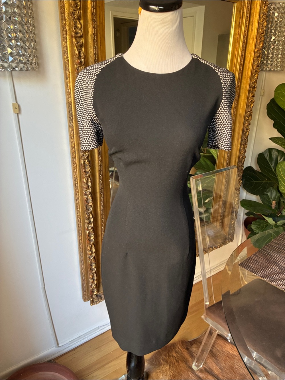 L’agence Black Sheath Dress with Dot-Pattern Sleeves size small